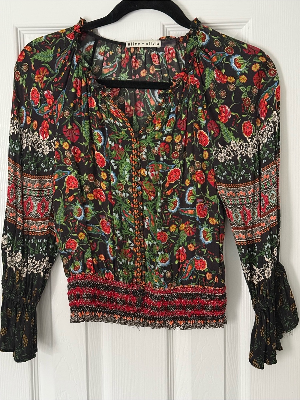 Alice + Olivia Black Floral Smocked Hem Peasant Blouse
